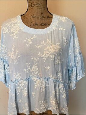 Light Blue Floral Embroidered Peplum Top - Women by Altar'd State